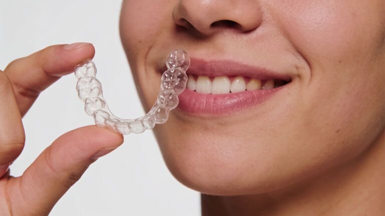 Mão segurando alinhador invisível transparente com sorriso ao fundo