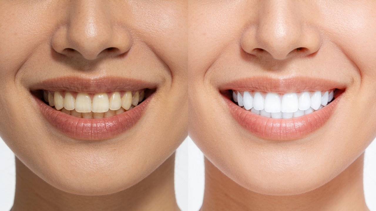 Comparação de sorriso antes e depois do clareamento dental