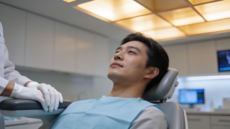 Paciente relaxado em consultório odontológico moderno durante atendimento