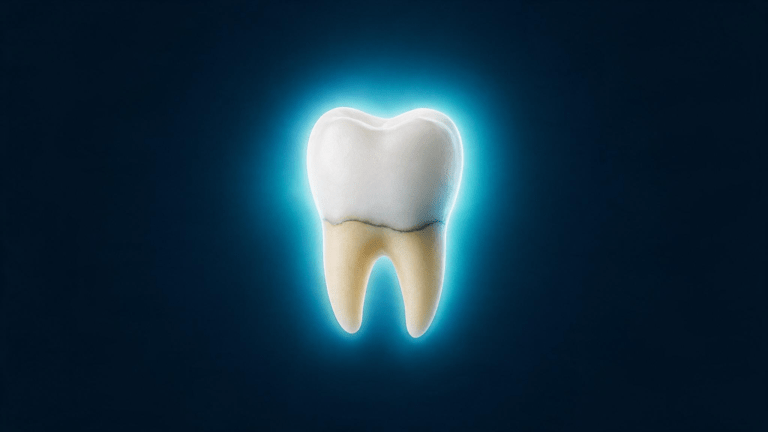 Ilustração conceitual de um dente iluminado em tons de azul representando o cuidado do tratamento de canal na odontologia moderna.